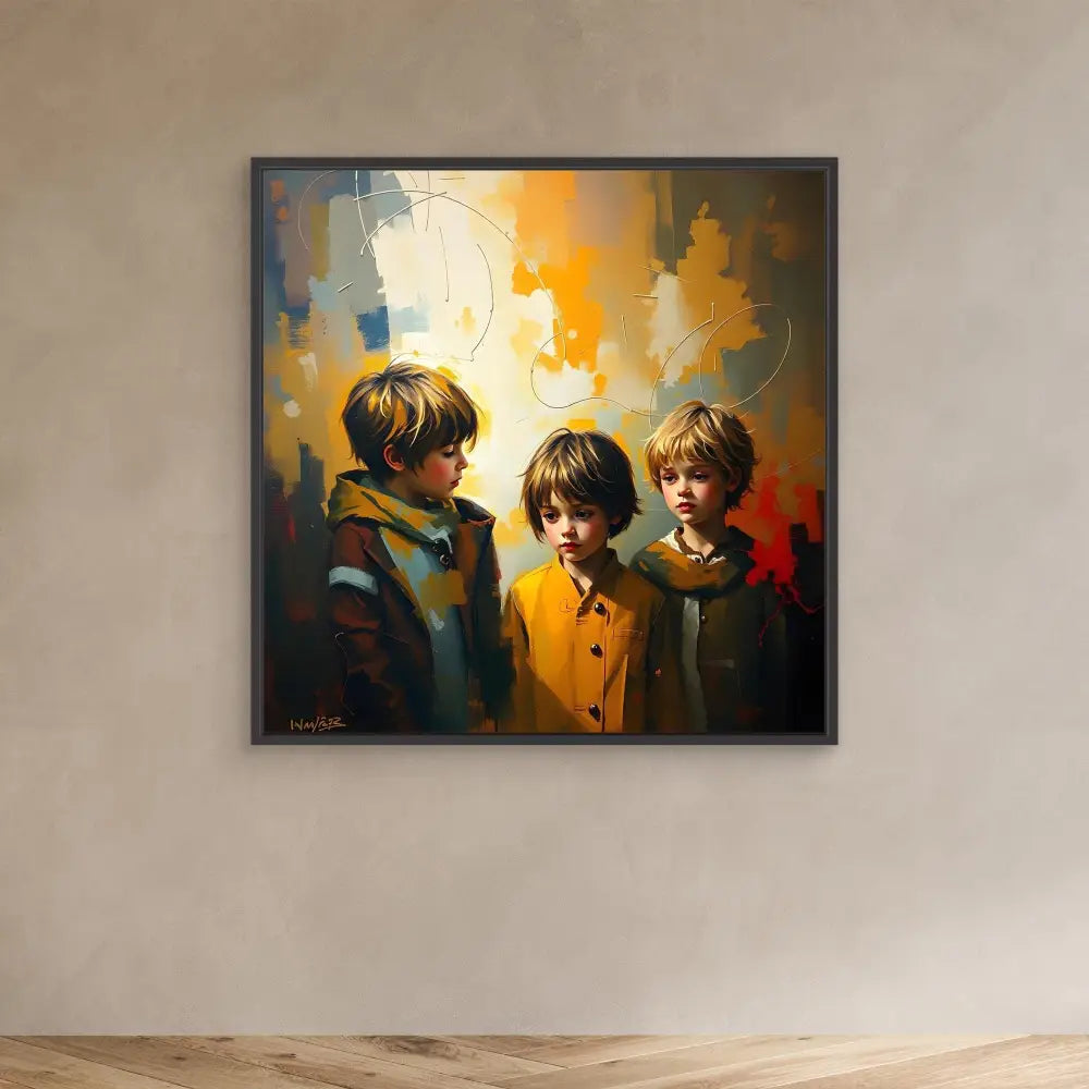 A framed painting of three children against an abstract orange and blue background.