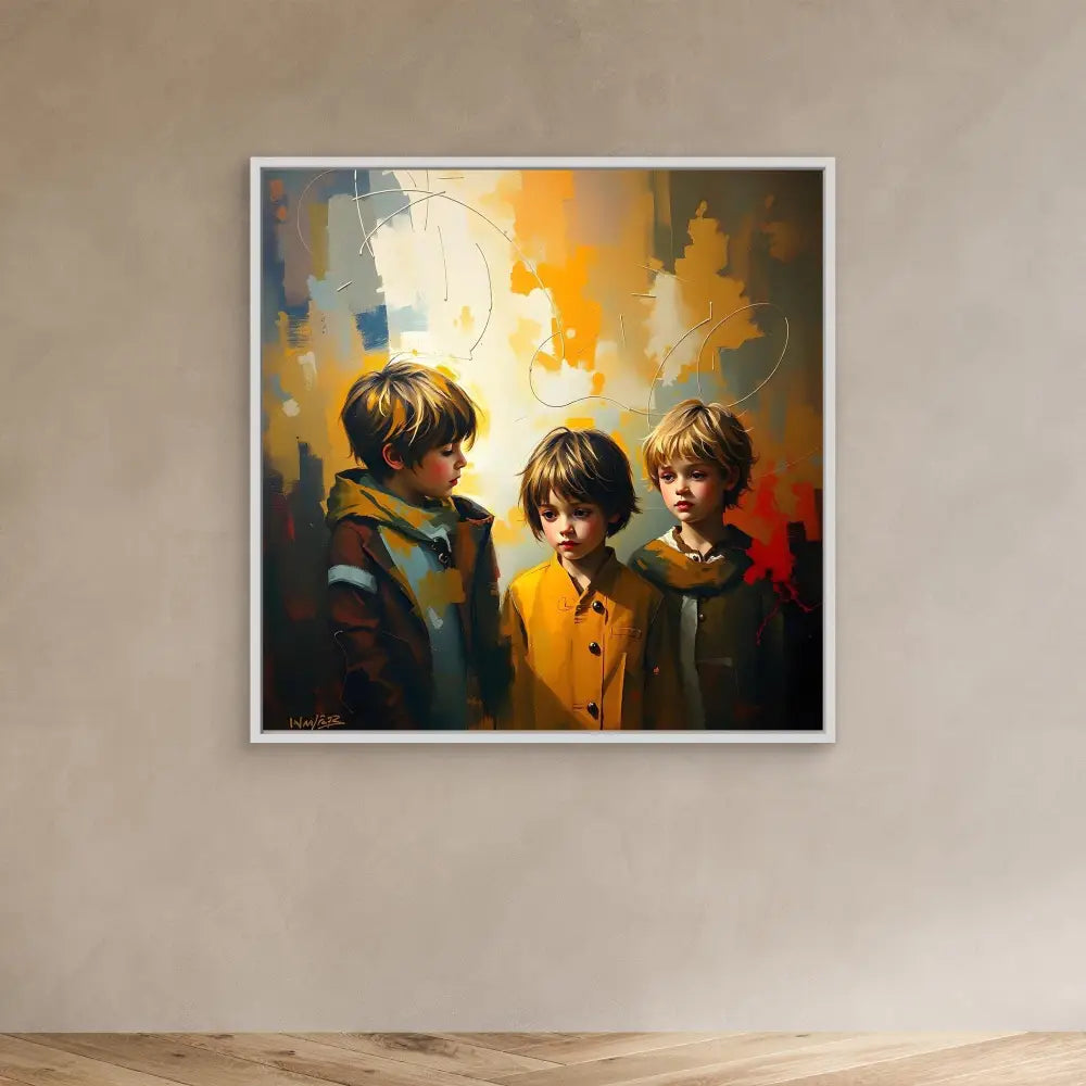 A framed painting of three children in warm-toned, impressionistic style.