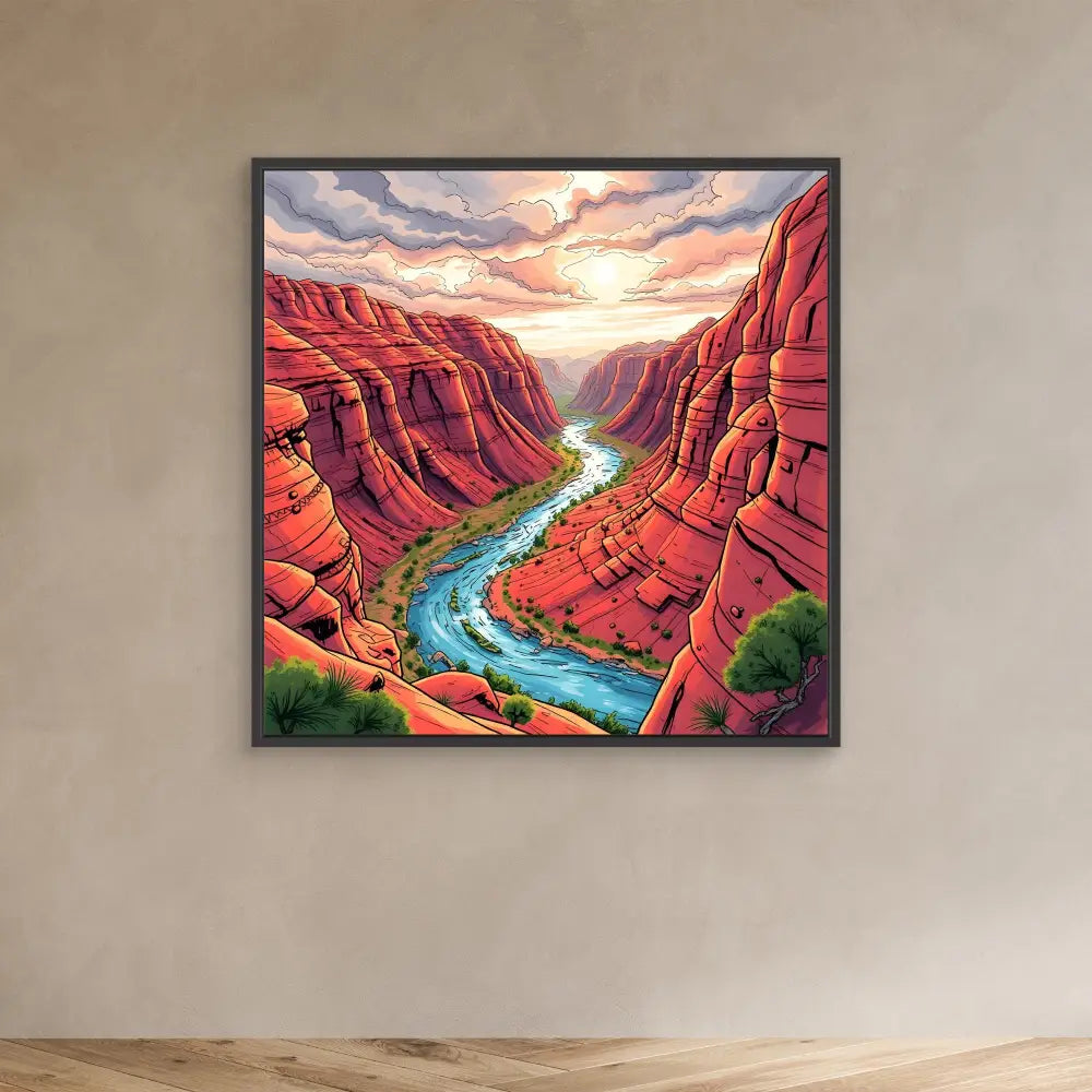 Framed painting of a winding turquoise river flowing through red canyon walls beneath a dramatic sunset sky.