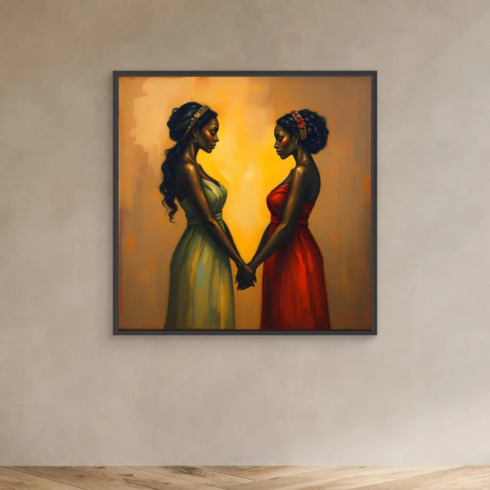 A framed painting depicting two figures in yellow and red dresses holding hands against a warm-toned background.