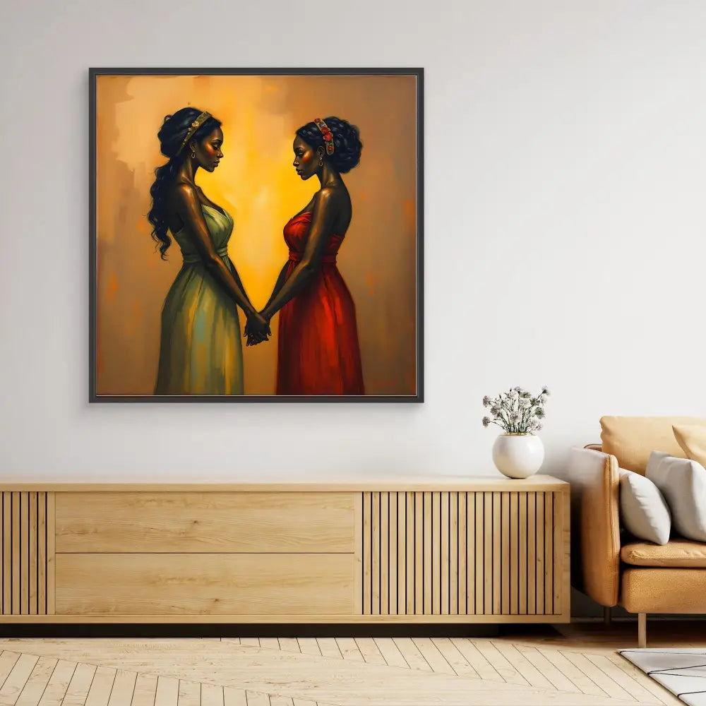 A framed painting of two figures in yellow and red dresses holding hands against a warm background.