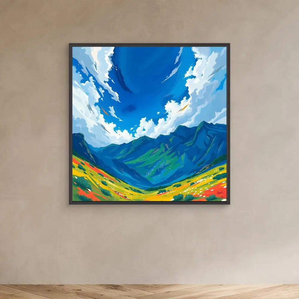 Framed painting of a vibrant mountain landscape with blue skies and colorful valleys.