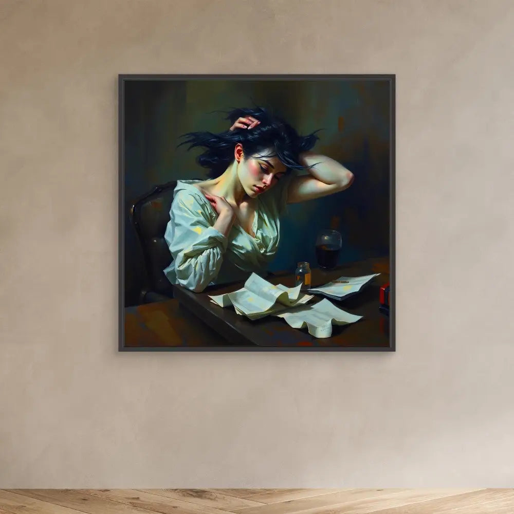 A framed painting depicting someone in a white blouse reading papers at a desk.