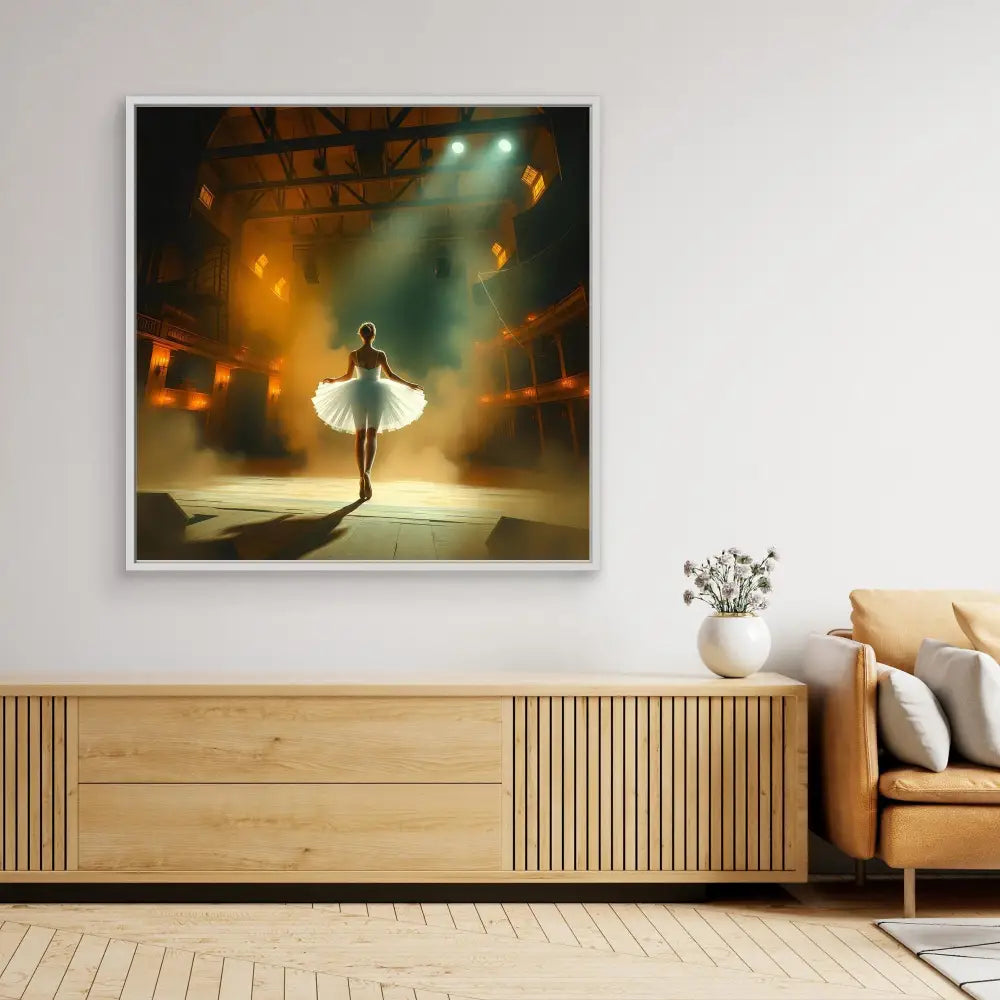 A framed photograph of a ballet dancer in a white dress performing on stage under dramatic lighting.