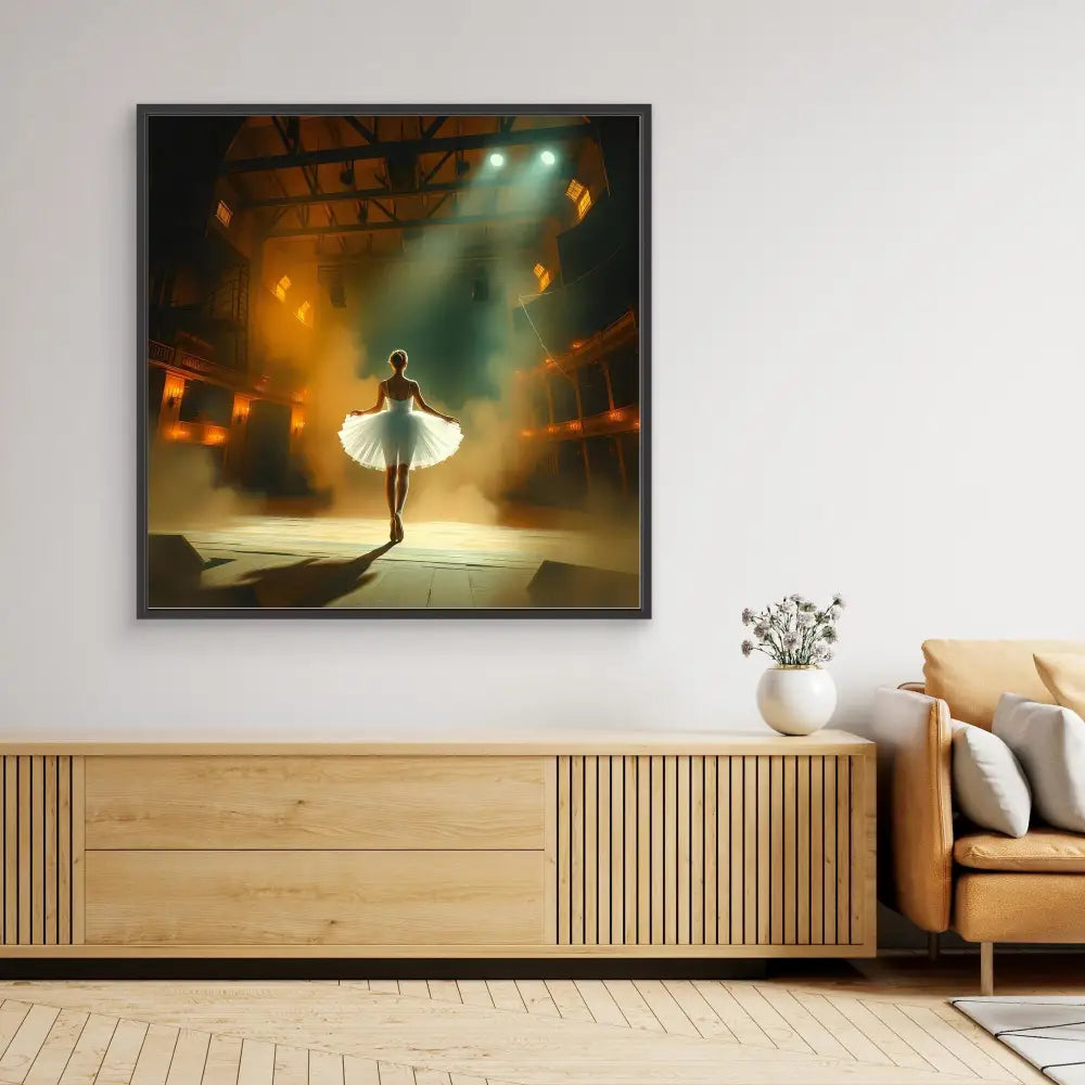 A framed photograph of a ballet dancer in a white dress performing under dramatic stage lighting.