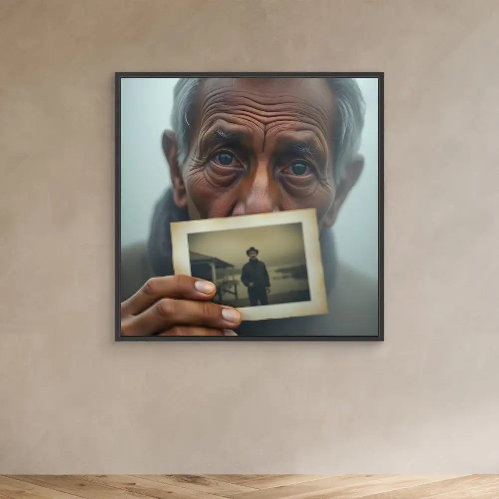 A framed photograph showing someone holding up an old black and white picture.