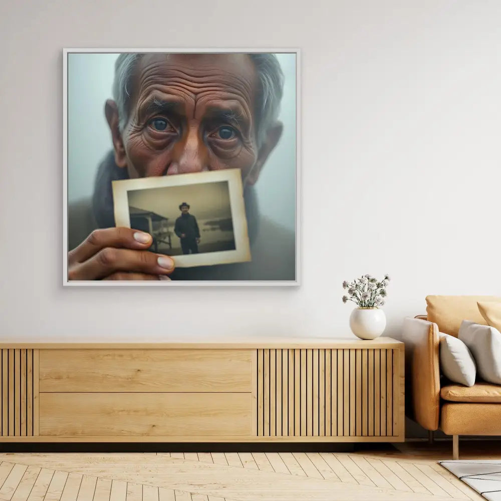 A framed photograph showing someone holding an old black and white picture.