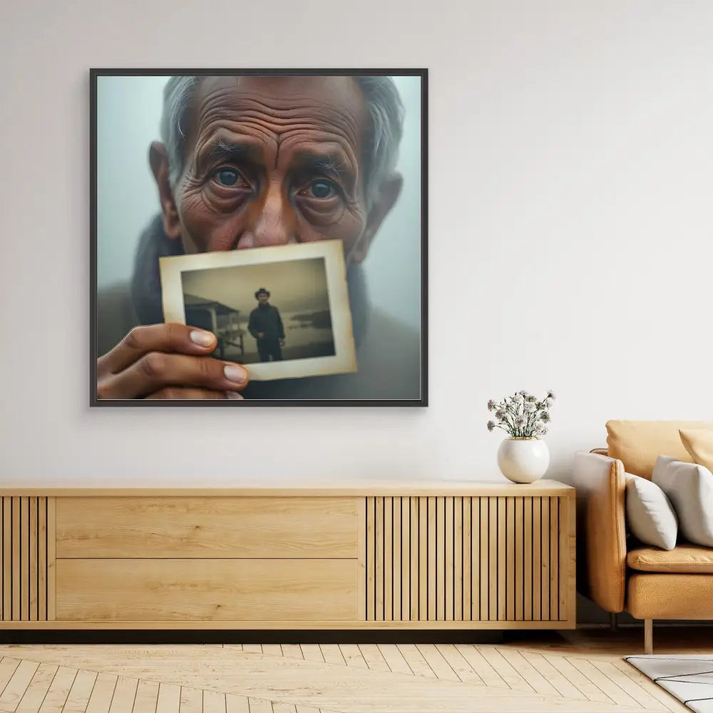 A framed photograph showing someone holding an old black and white snapshot.