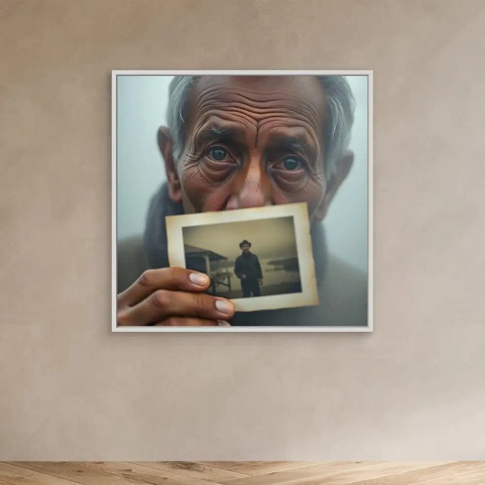 A framed photograph showing someone holding up an old black and white snapshot.