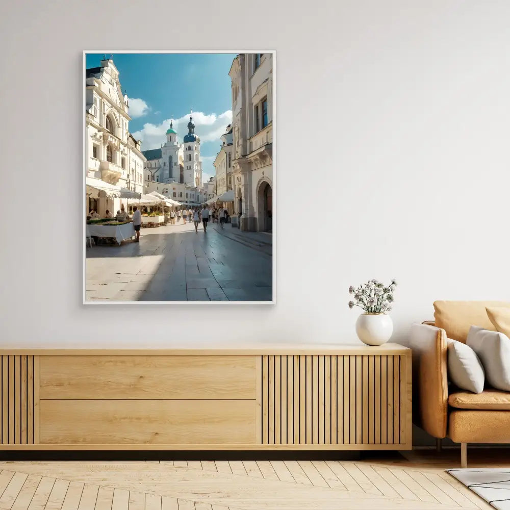 A framed photograph of a European city street with historic architecture and a church tower.