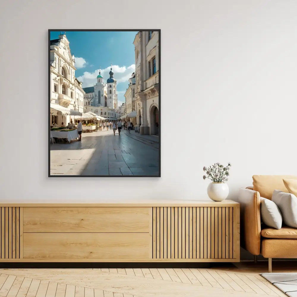 Framed photograph of a European city street with historic architecture and outdoor cafes.