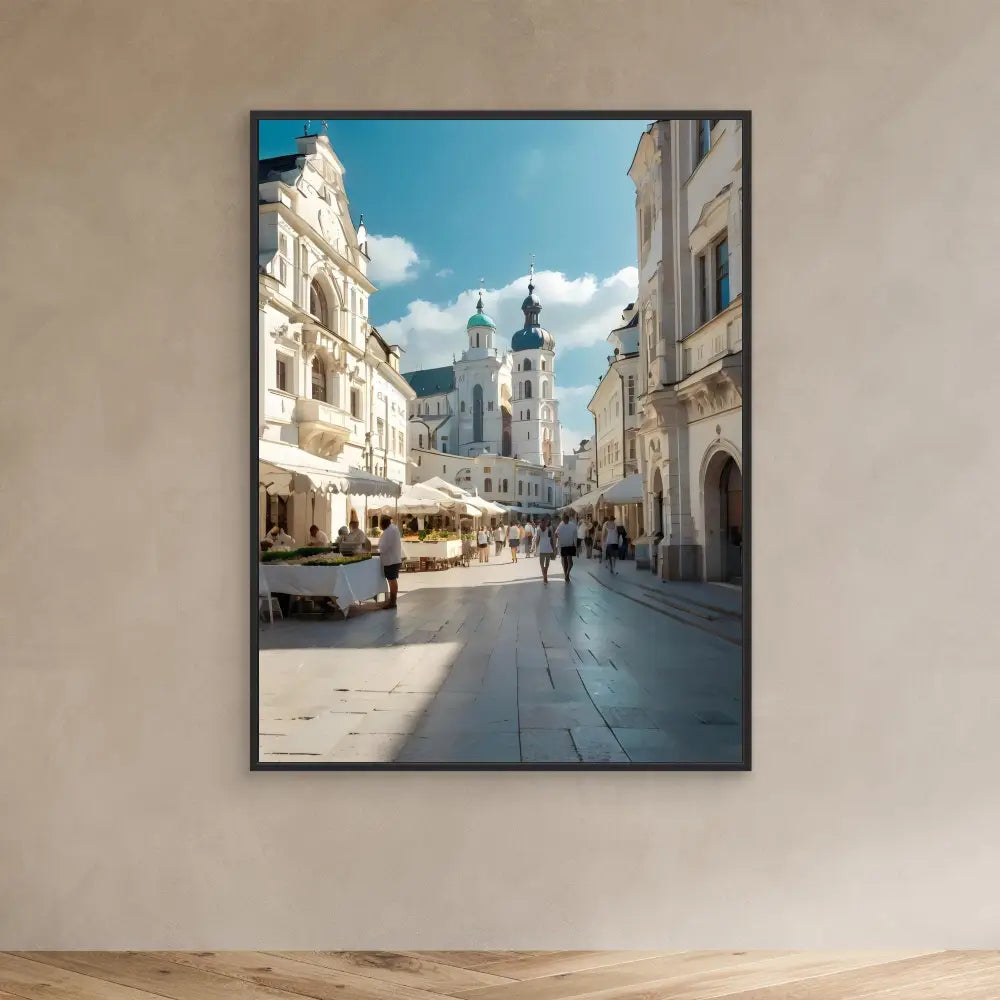 A framed photograph of a European city street with historic architecture and church towers.