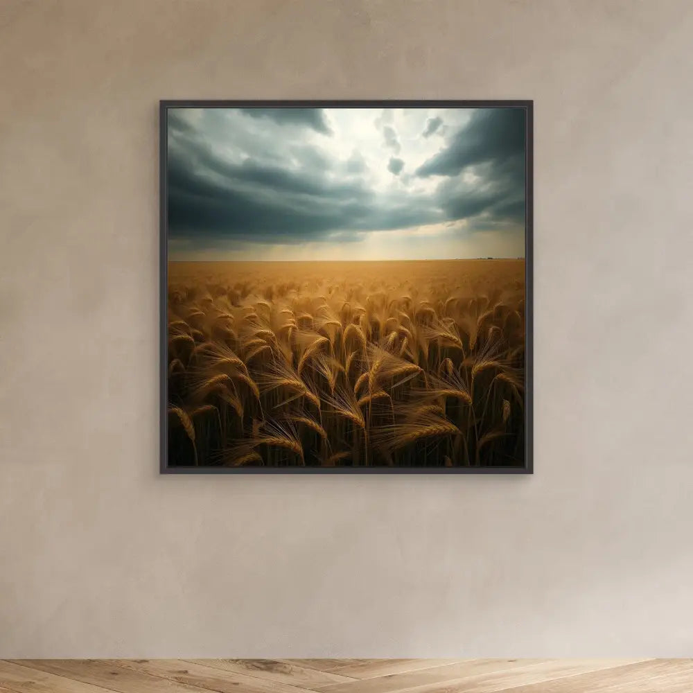 Framed photograph of a golden wheat field under dramatic stormy clouds.