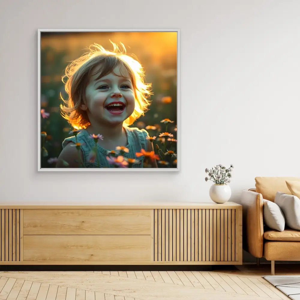 A framed photograph displaying joyful laughter among wildflowers at sunset.