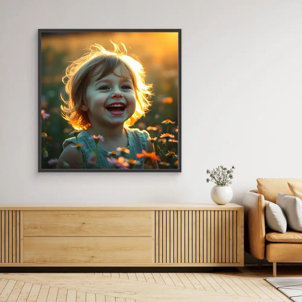 A framed photograph showing a joyful moment in a flower field at sunset.