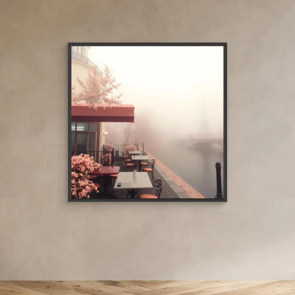 Framed photograph of a misty outdoor restaurant patio with tables.