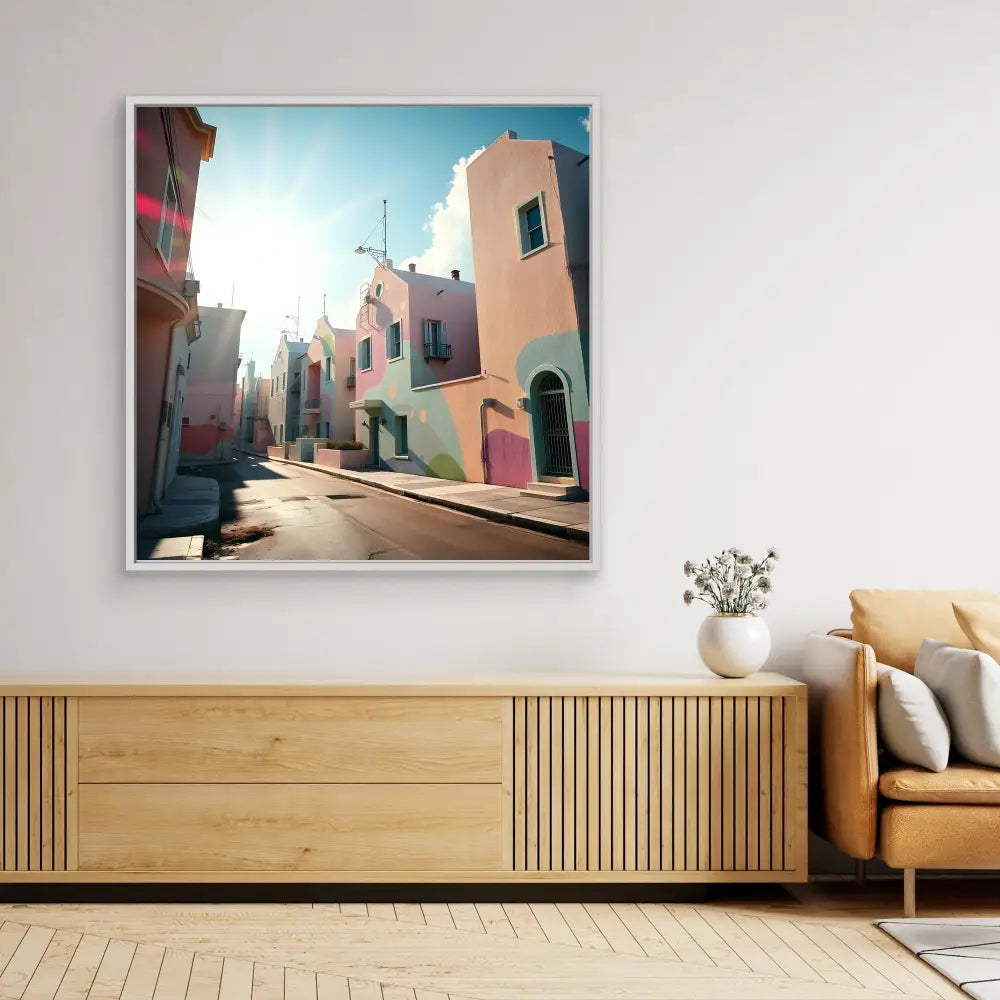 Framed photograph of a pastel-colored Mediterranean street with sunlit buildings.