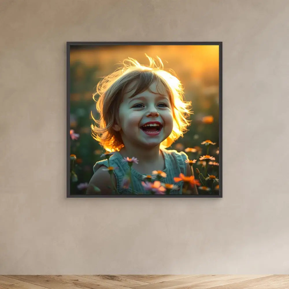 A framed photograph showing pure childhood joy captured during golden hour among wildflowers.