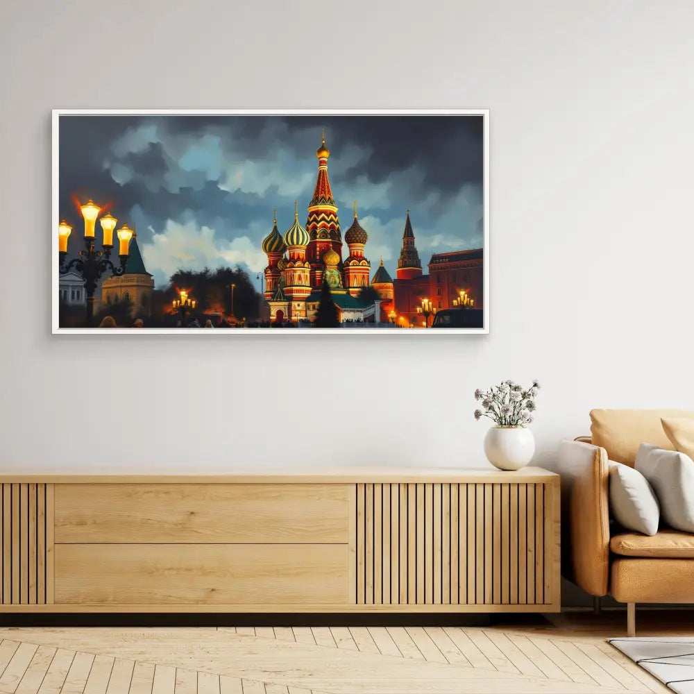 A framed photograph of Saint Basil’s Cathedral in Moscow illuminated at night.