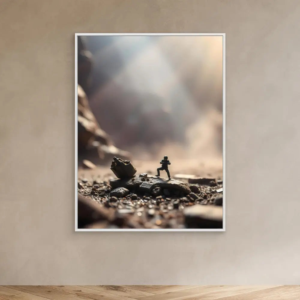 A framed photograph of a silhouetted figure standing near a rock under dramatic clouds.