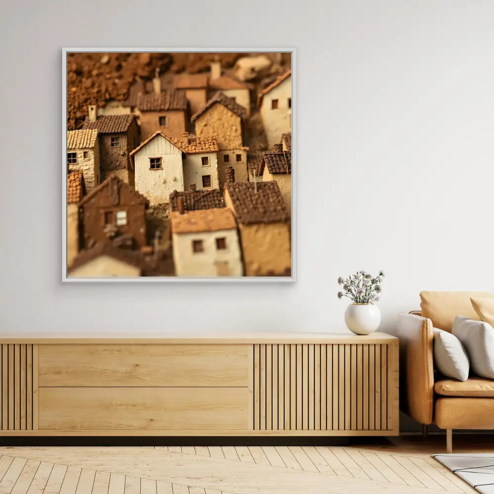 A framed photograph of tightly clustered Mediterranean-style houses with terracotta roofs.