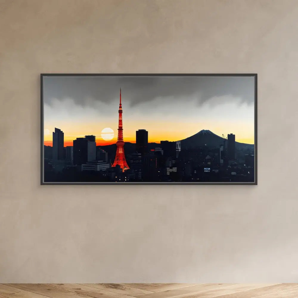 Framed photograph of Tokyo’s skyline at sunset featuring Tokyo Tower and Mount Fuji.