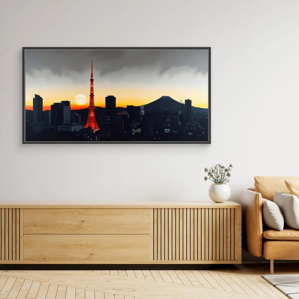 A framed photograph of Tokyo’s skyline at sunset featuring Tokyo Tower and Mount Fuji.