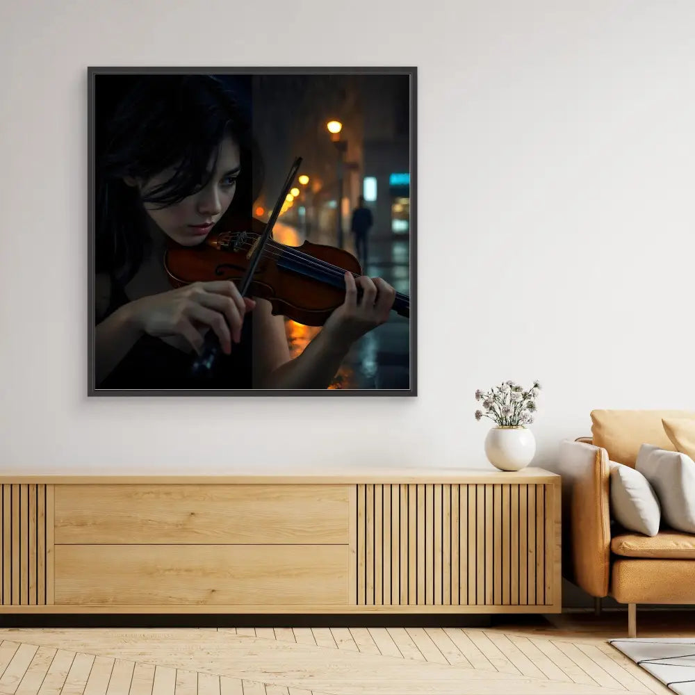 A framed photograph of a violinist performing at night with city lights in the background.