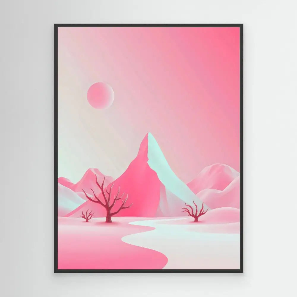 A framed pink and mint landscape artwork featuring a mountain peak and bare trees.