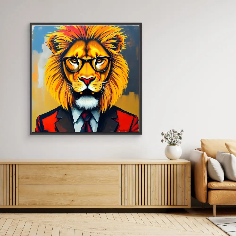 A framed pop art painting of a lion wearing glasses, a suit, and tie.