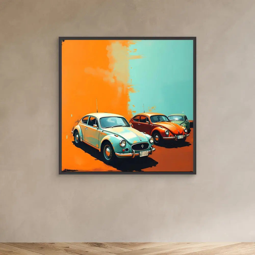 Framed pop art painting featuring two classic Volkswagen Beetles against an orange and turquoise background.