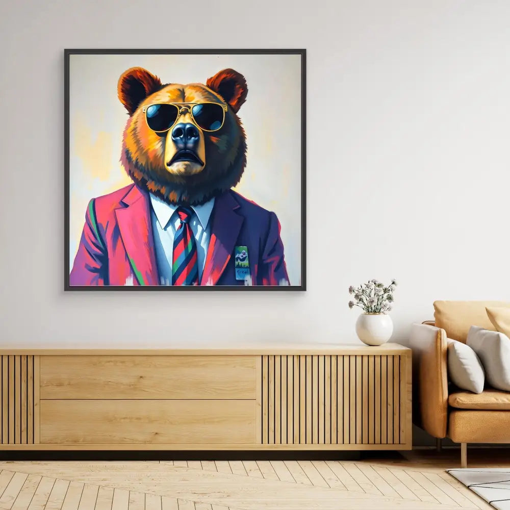 Framed pop art portrait of a bear wearing sunglasses, a suit, and tie.