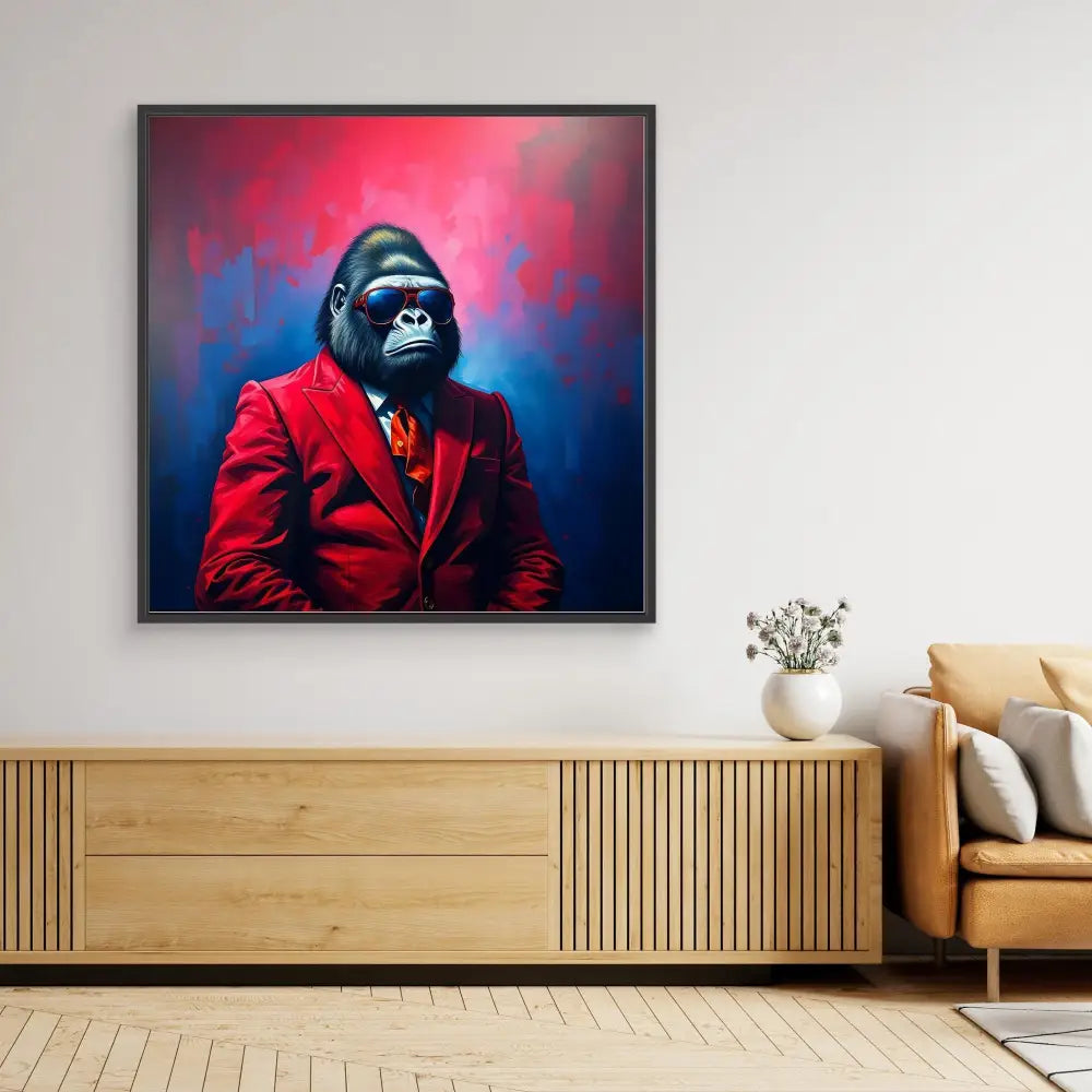 A framed portrait of a gorilla wearing a red suit jacket against a blue and red backdrop.