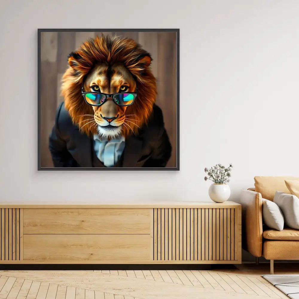 A framed portrait of a lion wearing sunglasses and a business suit.