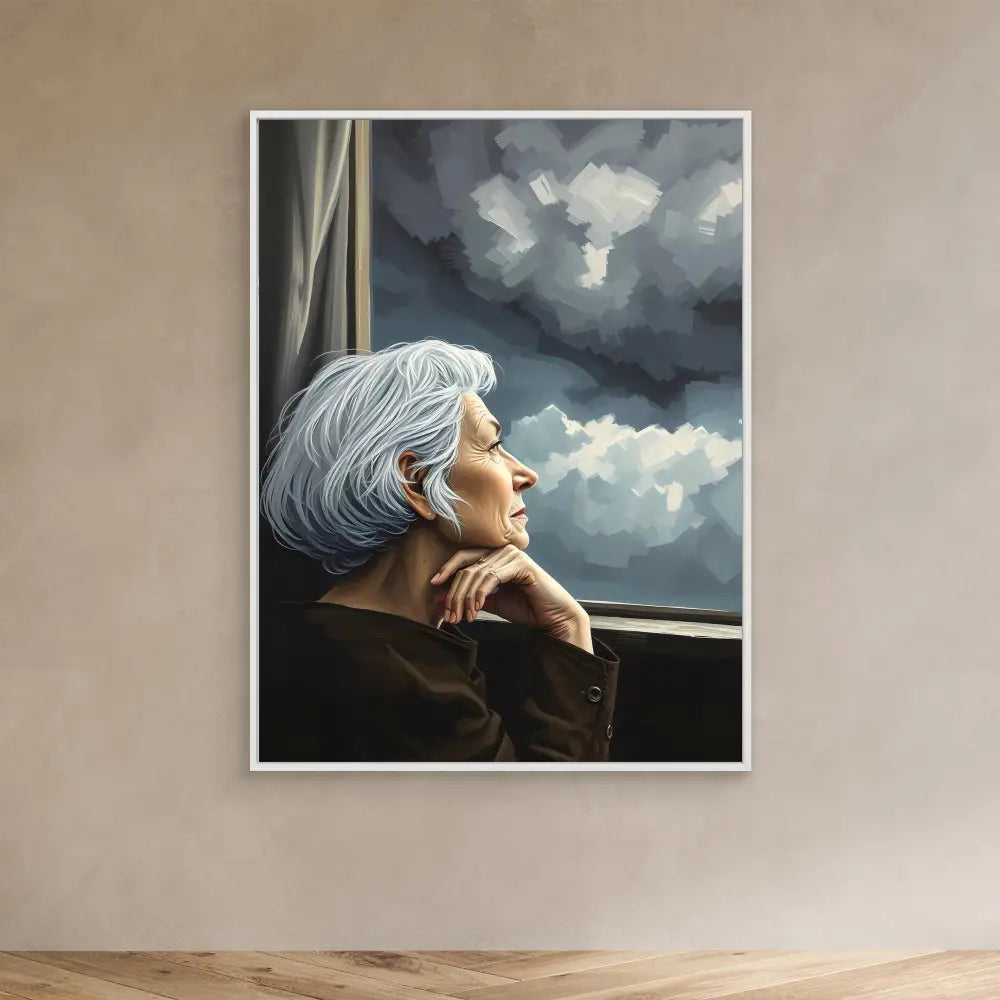 A framed portrait painting of a contemplative elderly person with silver hair gazing out a window.