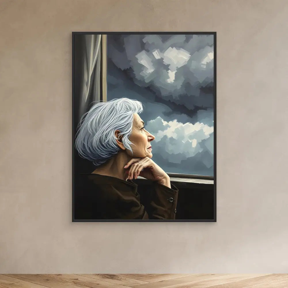 A framed portrait painting showing a contemplative figure with silver hair gazing out a window.