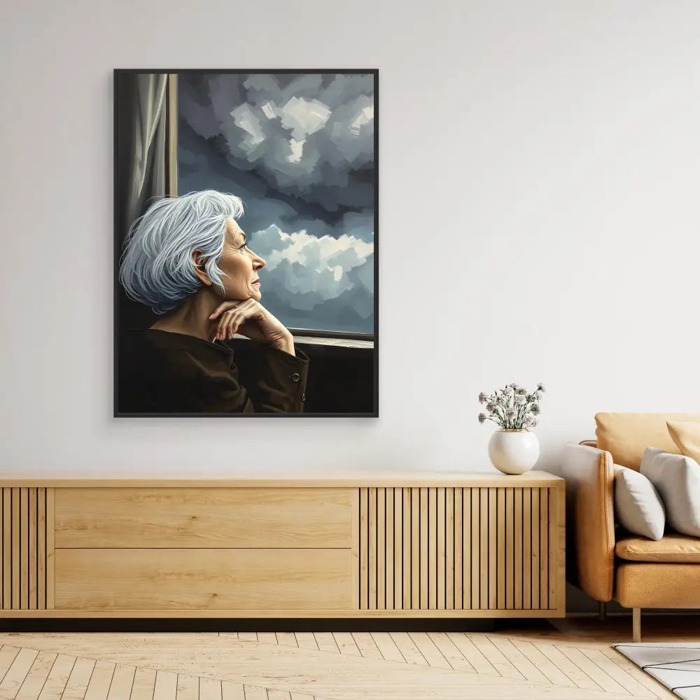 A framed portrait painting of a contemplative figure with silver hair gazing out a window at cloudy skies.