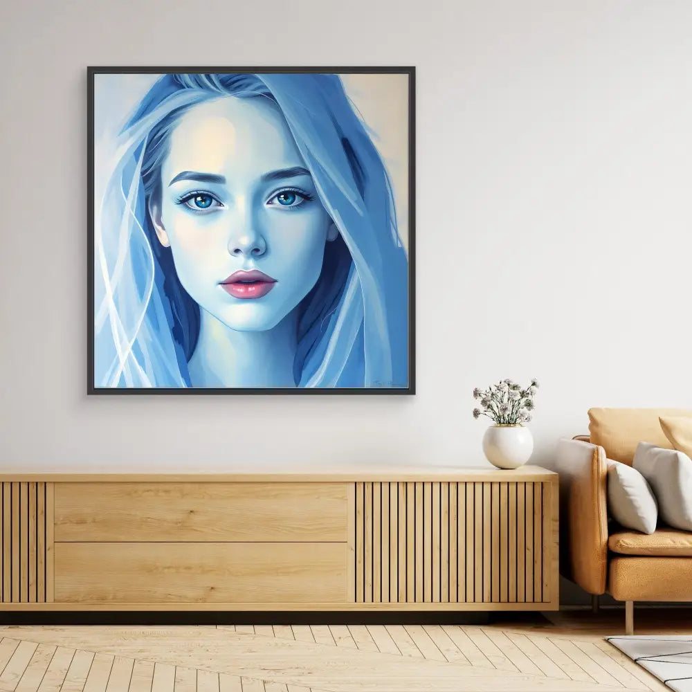 A framed portrait painting with ethereal blue tones and bright red lips.