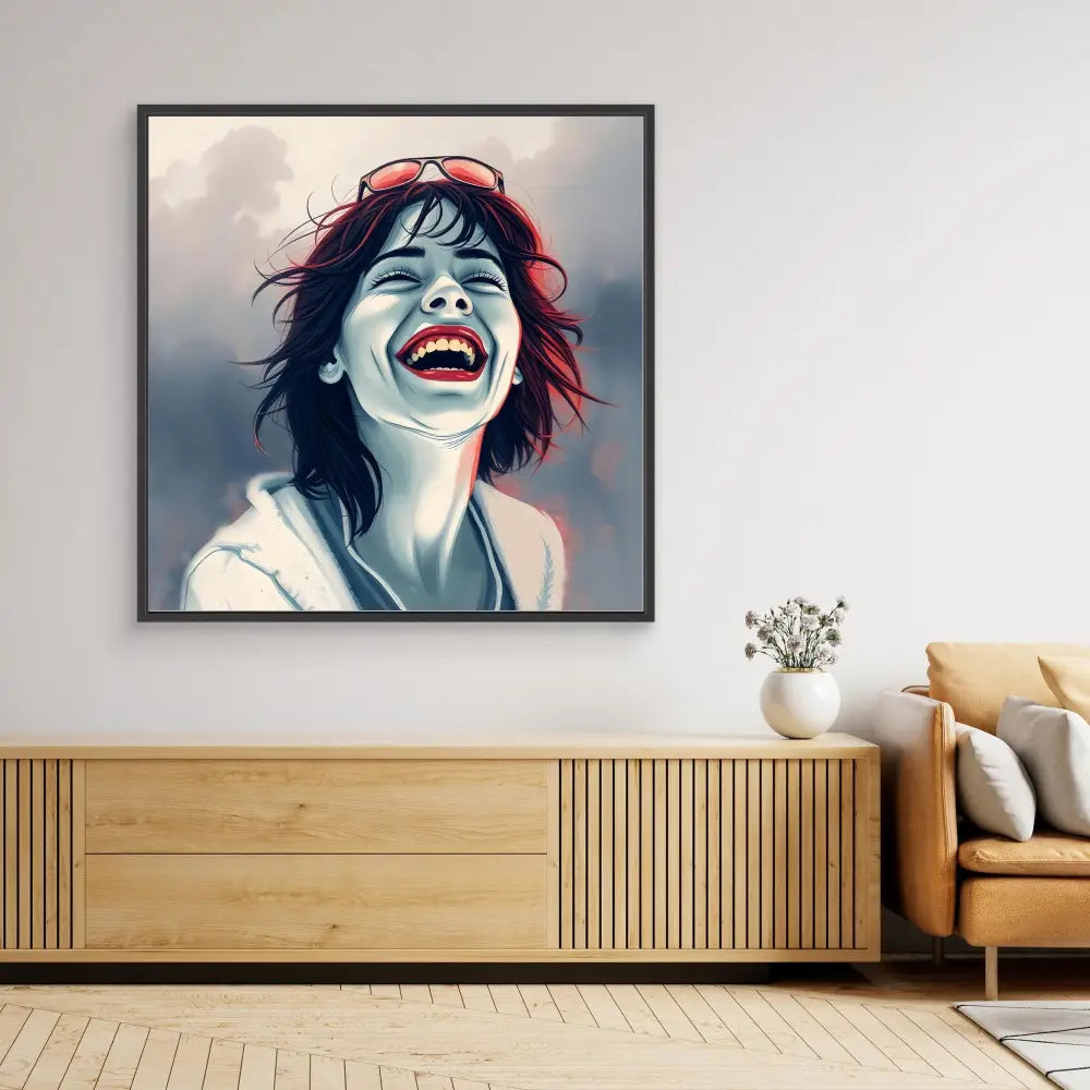 A framed portrait painting showing an expression of pure joy and laughter.