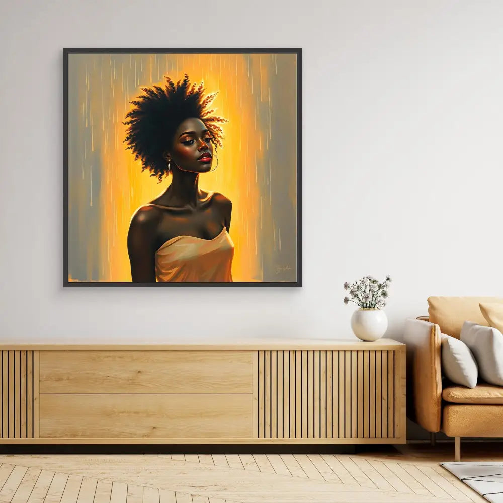 A framed portrait painting featuring a person with natural afro hair against a golden yellow glow.