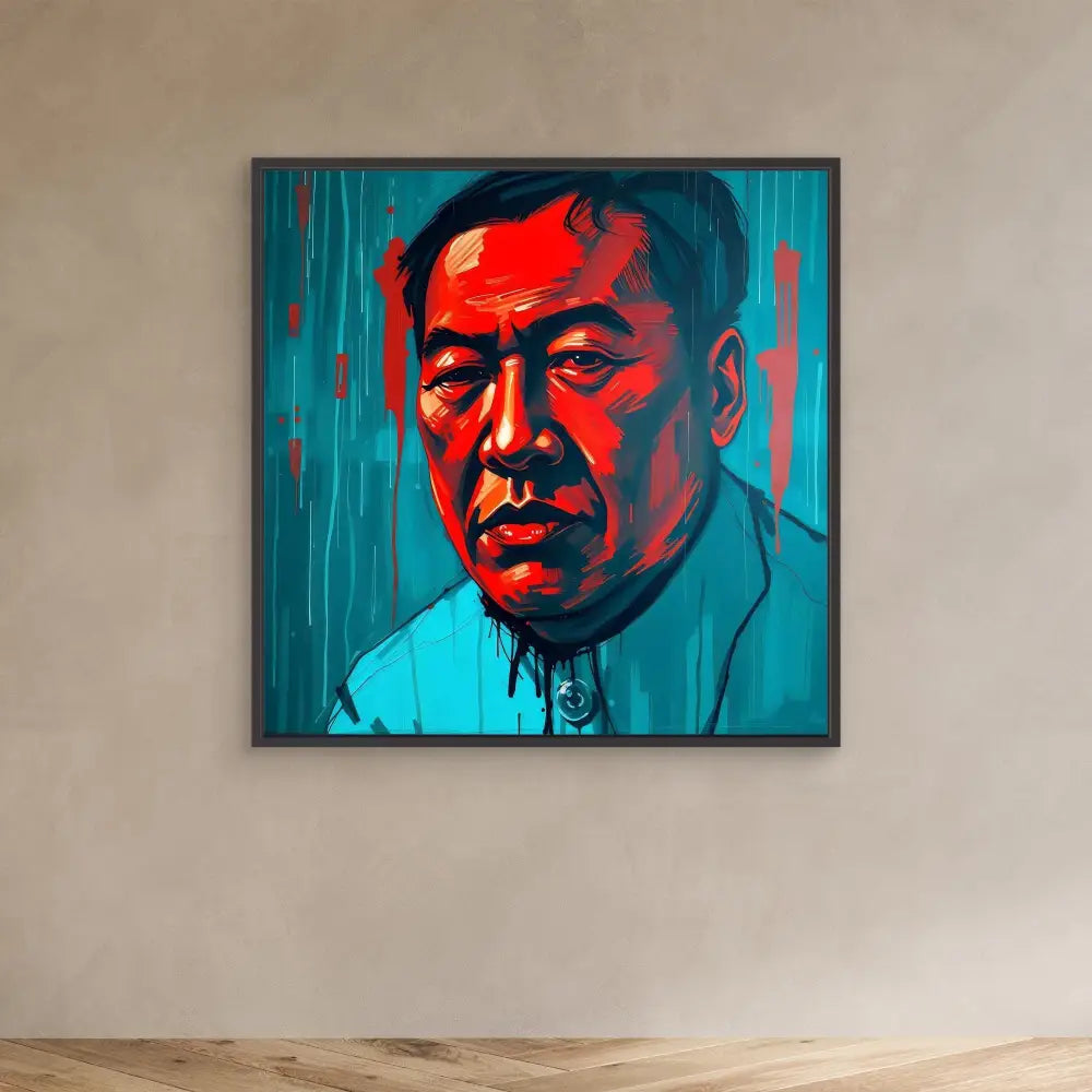 A framed portrait painting in red and turquoise tones showing a figure wearing a collared shirt.