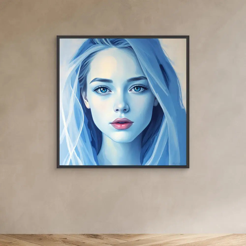 A framed portrait painting rendered in blue tones with bright red lips.