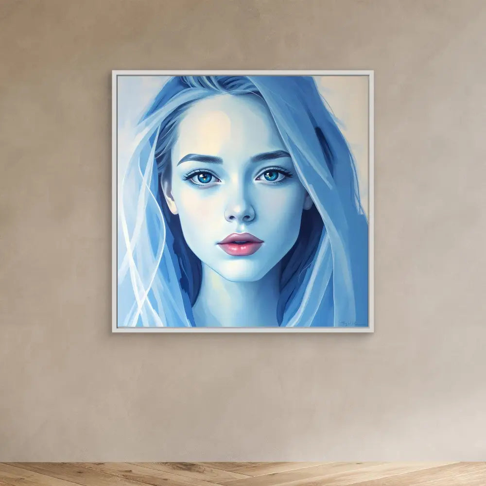 A framed portrait painting rendered in cool blue tones with bright red lips.