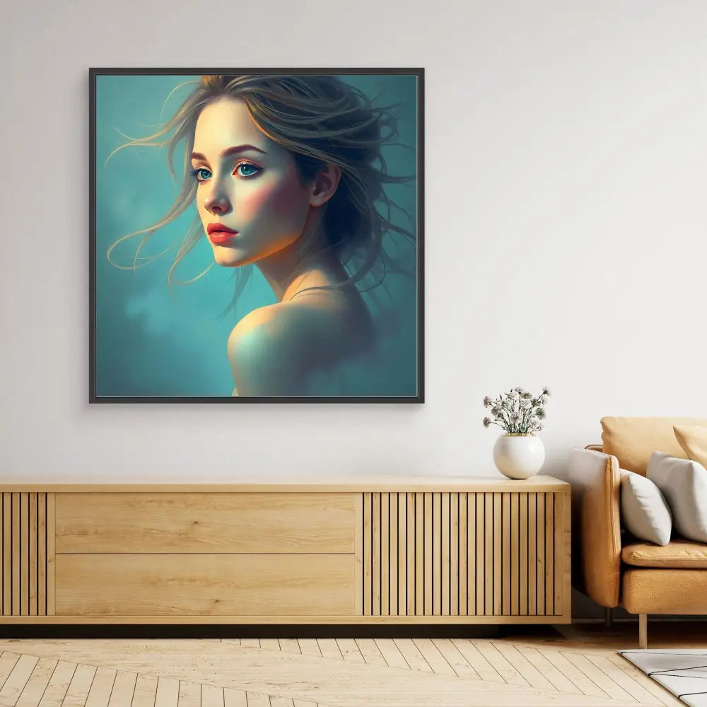 A framed portrait painting with soft turquoise tones and delicate brushwork.