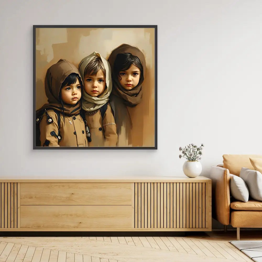 A framed portrait painting of three children wearing headscarves and winter clothing.