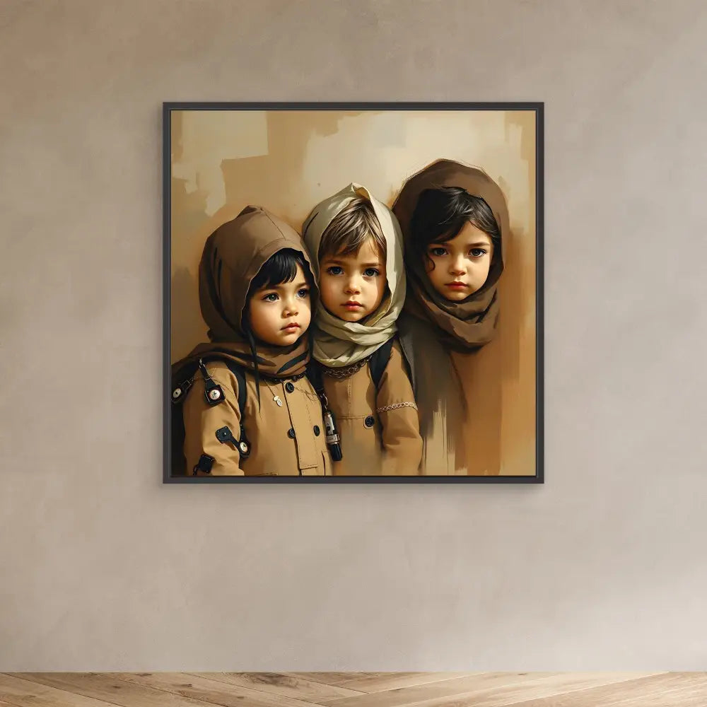 A framed portrait painting of three children wearing brown coats and head scarves.