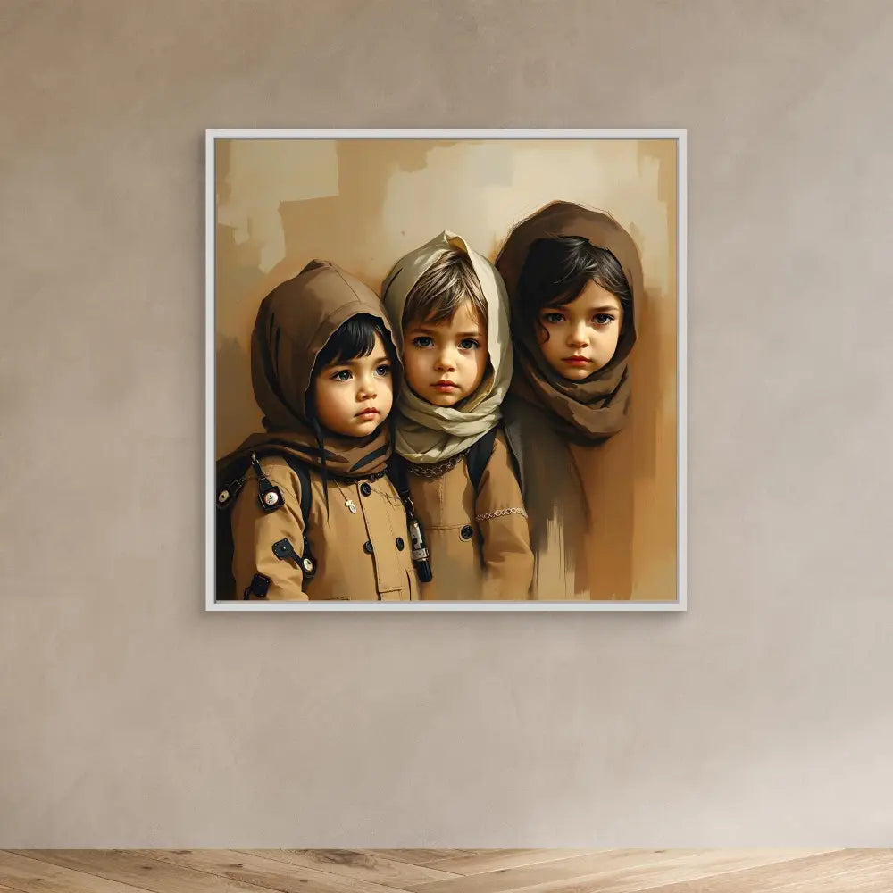 A framed portrait painting of three children wearing brown coats and head scarves.