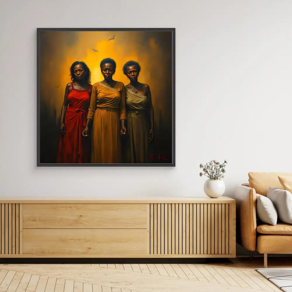 A framed portrait painting of three figures wearing dresses in red, yellow, and gray against a warm-toned background.