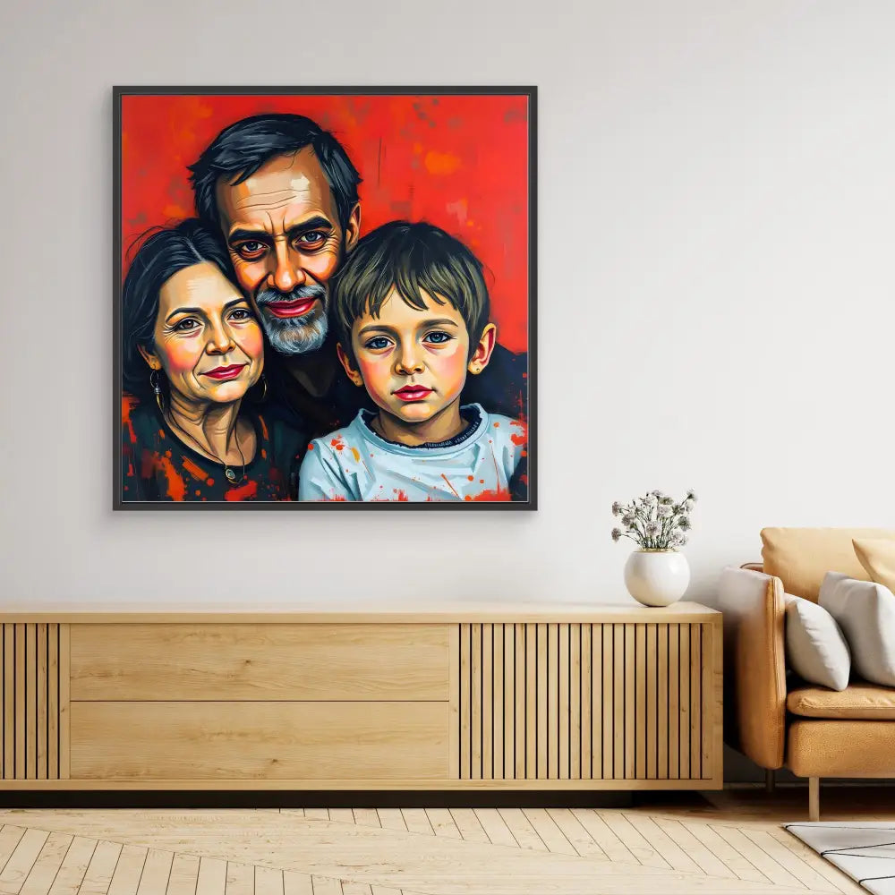 A framed portrait painting of three people against a red background.