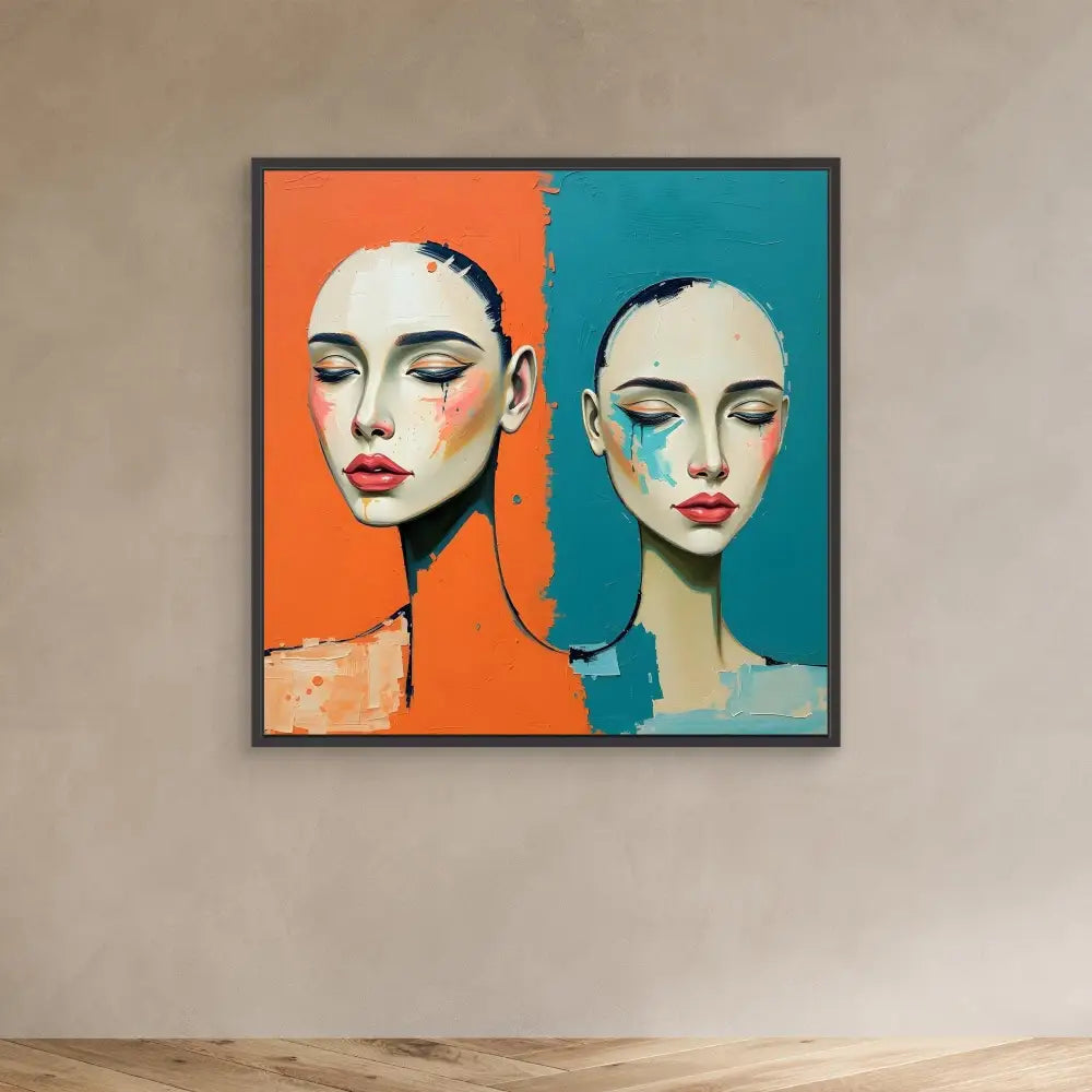 A framed portrait painting featuring two stylized faces against orange and turquoise backgrounds.